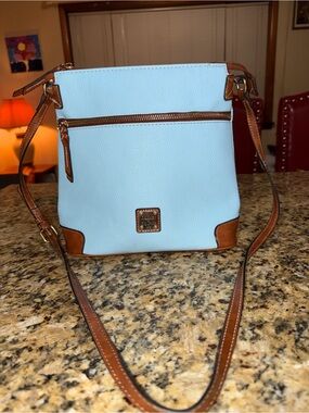 Dooney & Bourke Light Blue Pebble Leather Crossbody with Brown Trim
